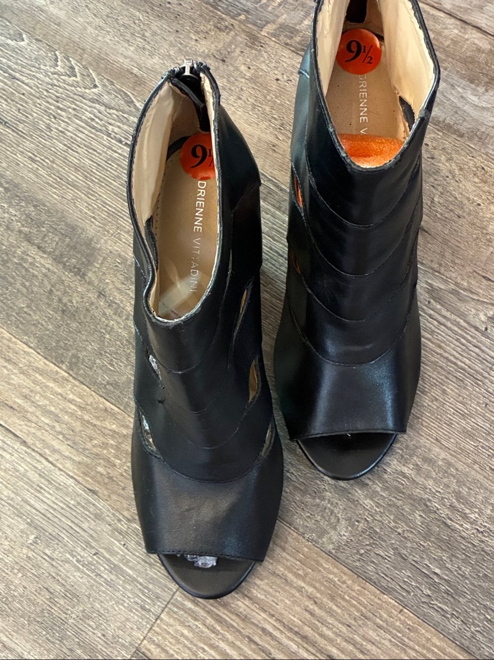 Black Gladiator Peep Toe Buttery  Leather 4” Heel 
Size 9.5